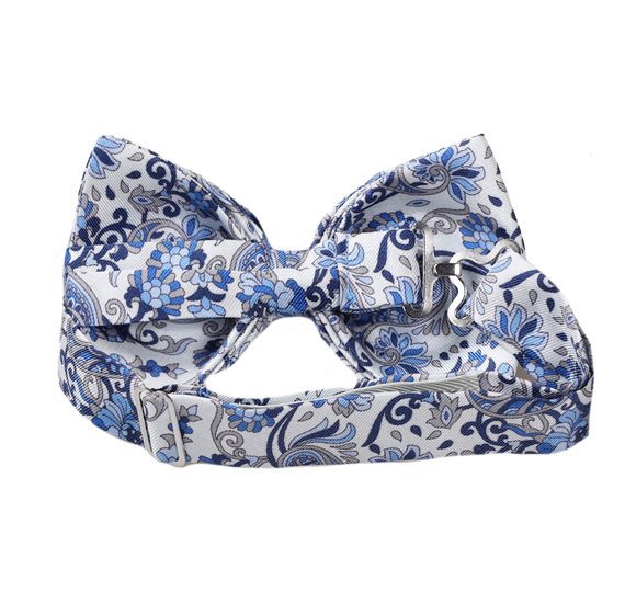 Pajarita Seda Flores y Paisley Blanca y Azul Revés