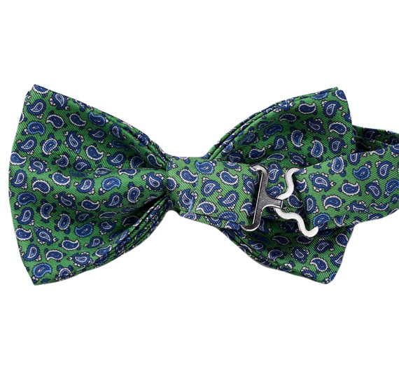 Green silk bow tie with blue Paisley Reverse