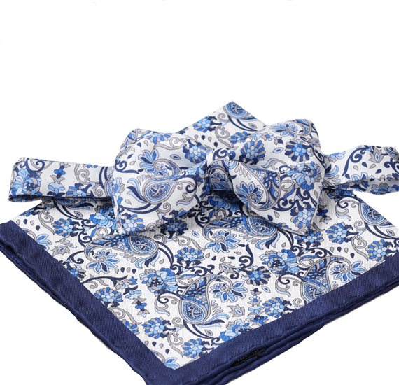 Pajarita y Pañuelo Seda Blanca Paisley Azul