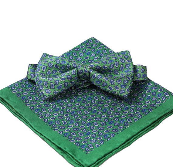 Green silk bow tie and pocket square with blue Paisley