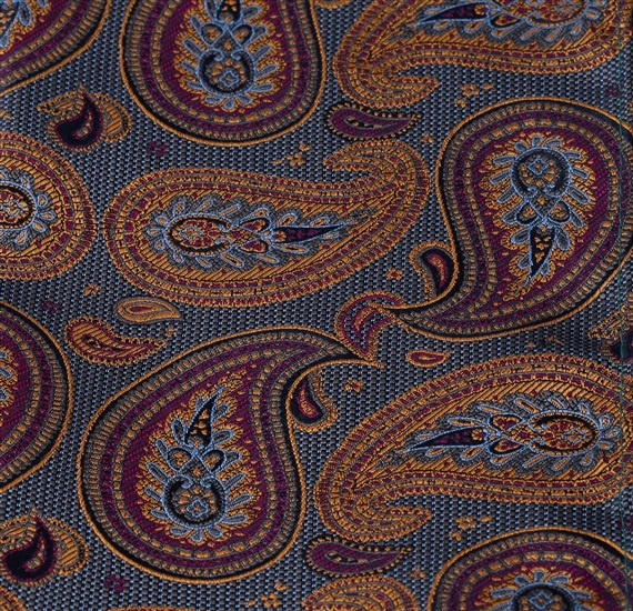 Blue pocket square with garnet and ocher paisley
