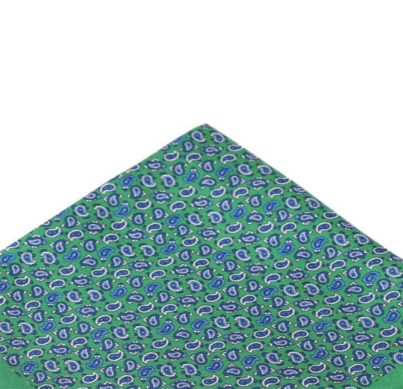 Green silk pocket square with blue Paisley