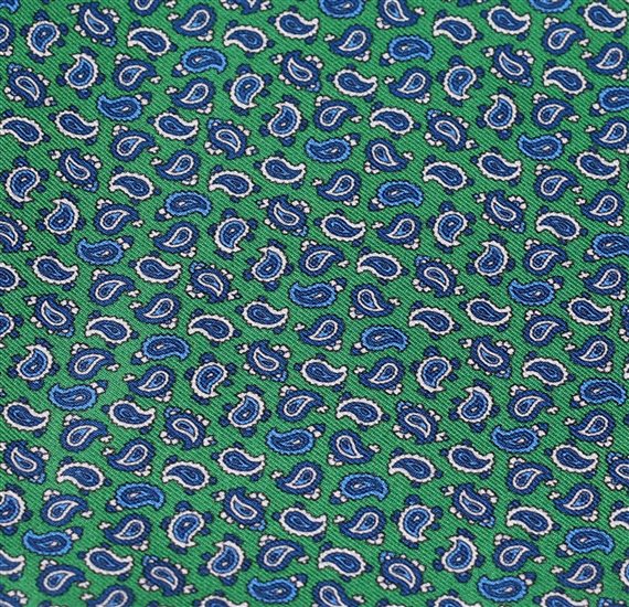 Green silk pocket square with blue Paisley