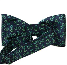 Blue bow tie with green designs riding reverse