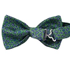 Green silk bow tie with blue Paisley Reverse