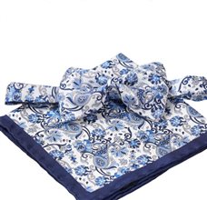Pajarita y Pañuelo Seda Blanca Paisley Azul