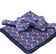 Silk Bow Tie and Pocket Square with Blue and Coral Flowers