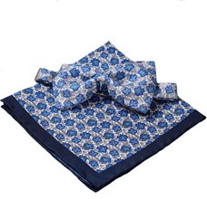 Pajarita y Pañuelo Seda Flores Azul y Gris
