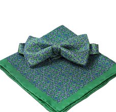 Green silk bow tie and pocket square with blue Paisley