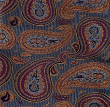 Blue pocket square with garnet and ocher paisley