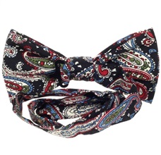 Black bow tie reverse with garnet, white and blue paisley