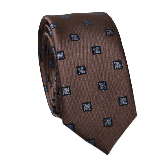 Brown Slim Tie with Blue Design