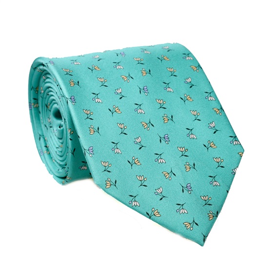 Green Natural Silk Tie with Flowers