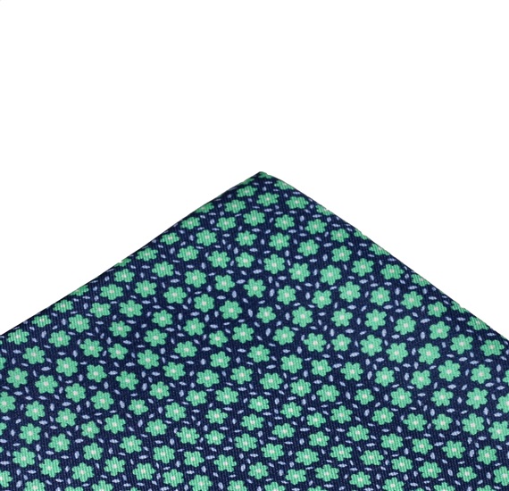 Pañuelo Bolsillo Seda Azul con Flores Verdes