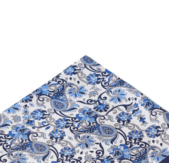 White Silk Pocket Square with Blue Paisley